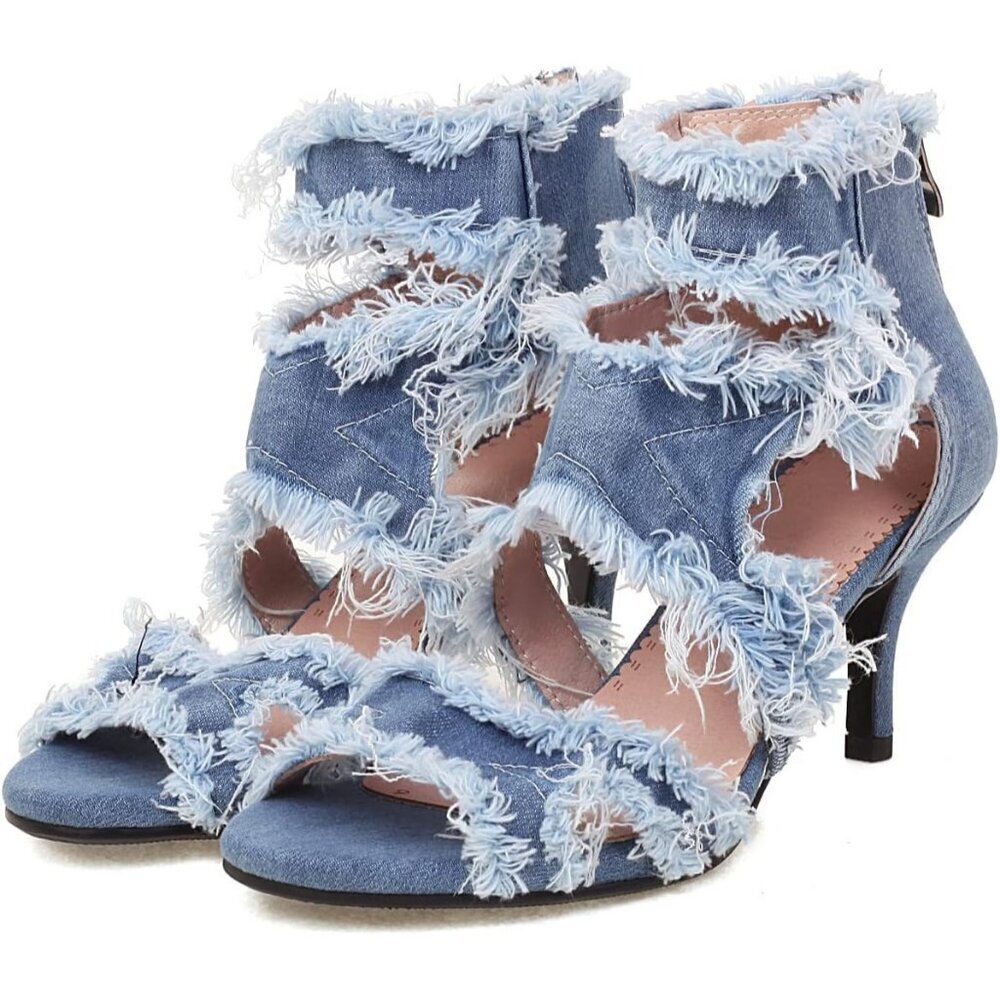 Women’s Blue Open Toe Denim High Heel Sandals Ankle Strap Stiletto Fashion Shoes